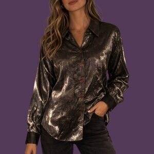 VTG ERENA 1980s Disco Satin Metallic Gunmetal Crinkle Holiday Shirt
